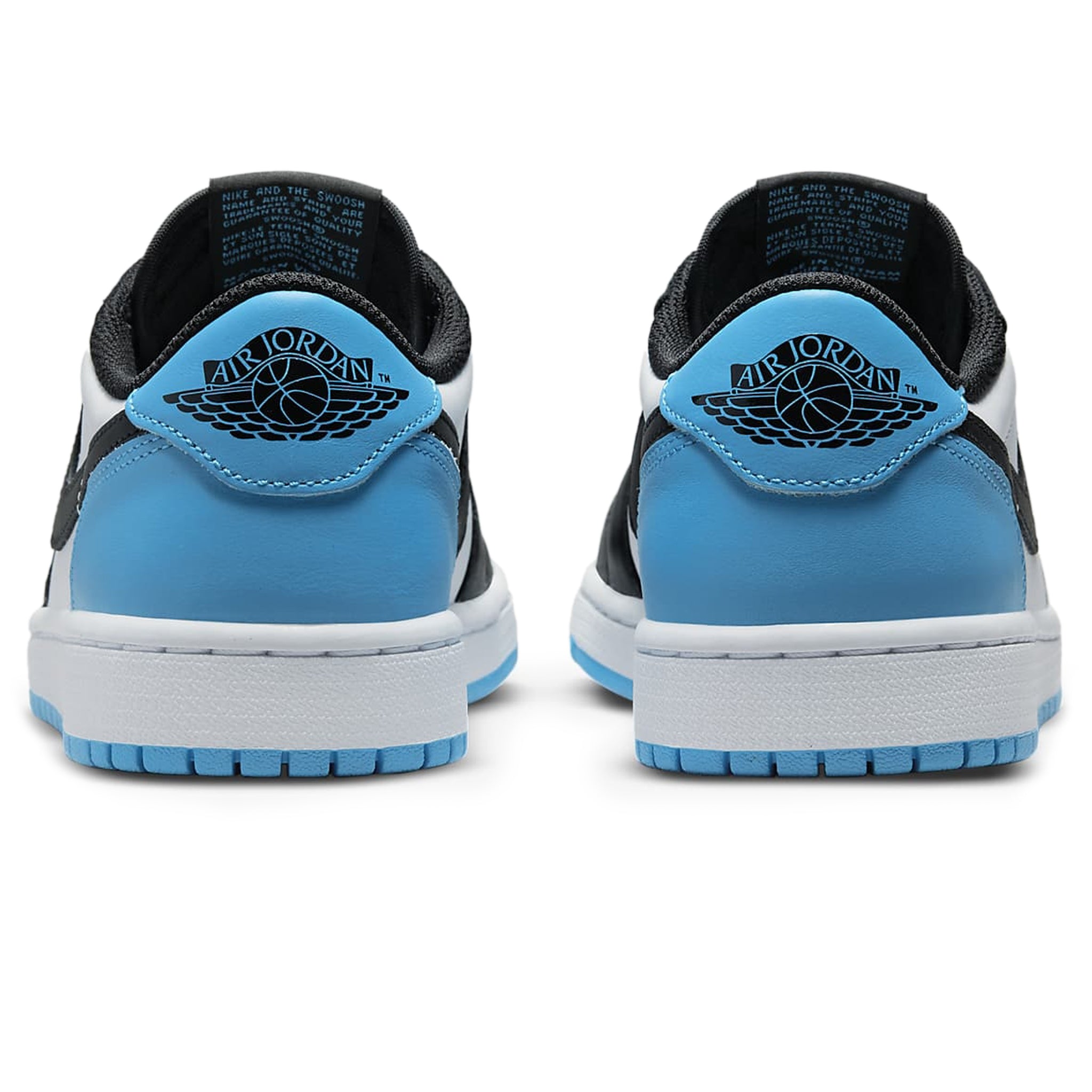 Heel view of Air Jordan 1 Low Black Dark Powder Blue (W) CZ0775-104